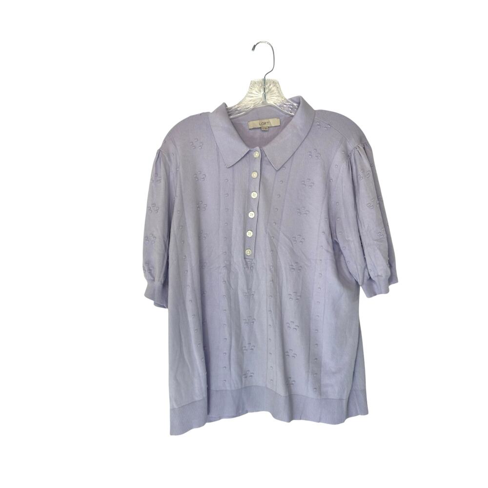 Loft Sweater Shirt Purple Button‎ Front 3D Knit Soft Short Sleeve Work Size XL